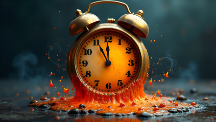 A vibrant vintage alarm clock covered in glowing orange lava, creating a concept of time and destruction.