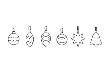A set of Christmas ornaments in doodle style on white. Hand-drawn Christmas tree decorations. Vector illustration.