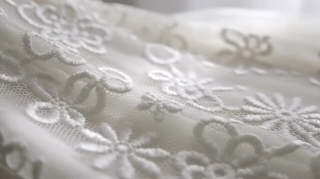 Close Up of Delicate White Floral Lace Fabric With Intricate Embroidered Patterns and Soft Lighting