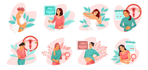 Set showing different stages of pregnancy, ovulation, and menstruation in women, flat style on abstract background. Concept of female health. Vector illustration