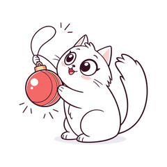 Cute white kitten holding a red christmas ornament