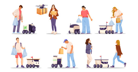 People receiving or loading packages with autonomous delivery robots and drones, in flat cartoon style, on white background. Concept of smart logistics. Vector illustration