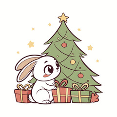 Cute cartoon bunny with christmas tree and presents