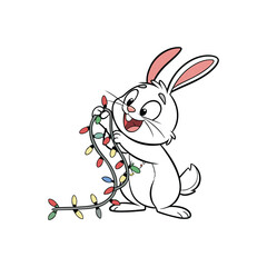 Cute cartoon bunny holding colorful christmas lights