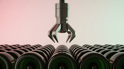 Robotic claw picking up a green glass bottle from a row of bottles