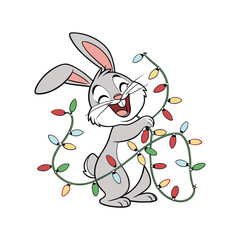 Happy cartoon bunny tangled in colorful christmas lights