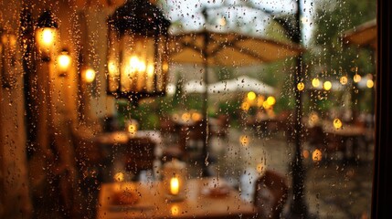 A cozy restaurant scene viewed through a rain-soaked window. Soft lighting illuminates tables and outdoor seating, creating a warm atmosphere.