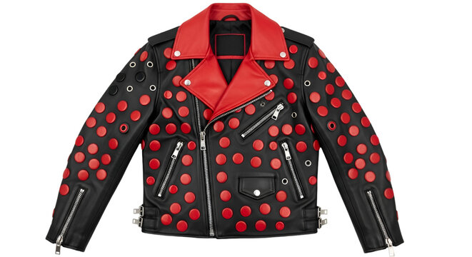 Black leather jacket with red polka dots and silver hardware
