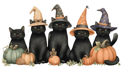 a set of black cats wearing witch hats and holding pumpkins