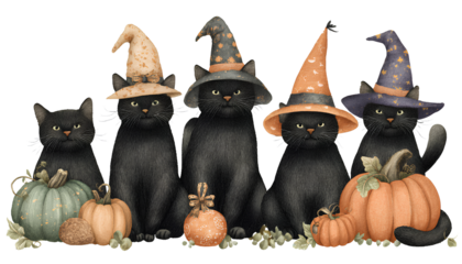 a set of black cats wearing witch hats and holding pumpkins