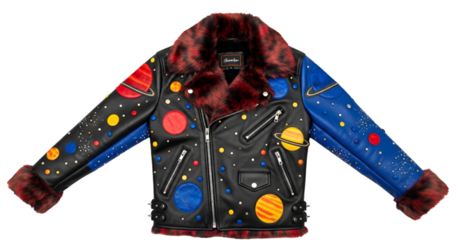 Black Leather Jacket with Space and Planet Design fashion - Powered by Adobe