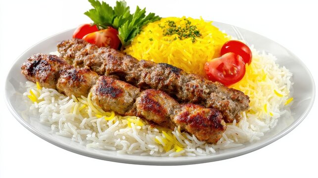 Close-up Persian chelo kebab isolated on white background saffron basmati rice, grilled koobideh kebab, charred tomato, butter cube, sumac seasoning, traditional Iranian cuisine, menu commercial use.