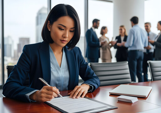 Confident asian businesswoman in a formal suit holding a pen, preparing to sign a document, displays determination and multicultural workplace diversity