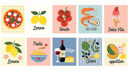 Assortment of italian food illustrations isolated on white background a vibrant collection of pizza, pasta, seafood, and desserts, showcasing the rich flavors of italian cuisine