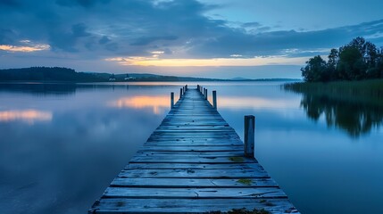 Fototapeta premium Mystical Lake Pier at Twilight: Ethereal Landscape with Clouds Reflecting on Still Water