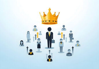 Business Leadership Concept Illustration with Crown and People Icons for Management
