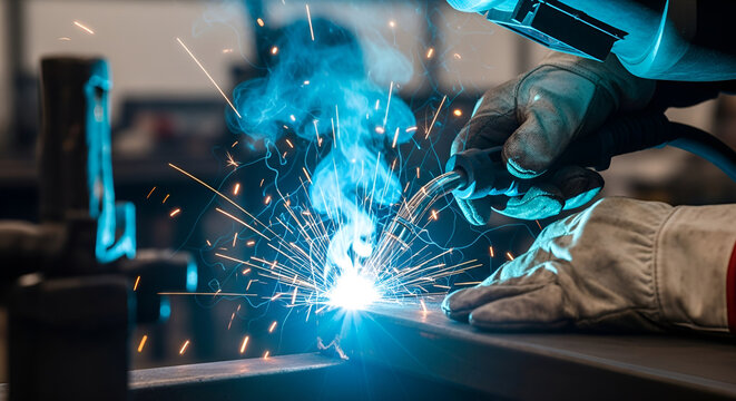 Close-up of a welder’s hand holding a welding torch, sparks flying, blue and orange glow illuminating metal surface.