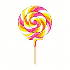 A colorful swirl lollipop with pink, yellow, and white stripes on a wooden stick, isolated on a white background