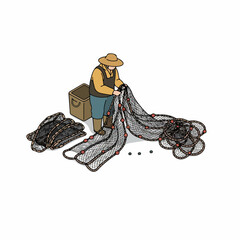 Isometric Detailed Fisherman Untangling Fishnet Illustration in a Outdoor Scene