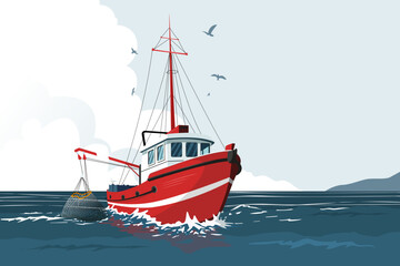 Red fishing boat hauling net full of fish in ocean with seagulls, cartoon style, light sky background. Concept of commercial fishing. Vector illustration