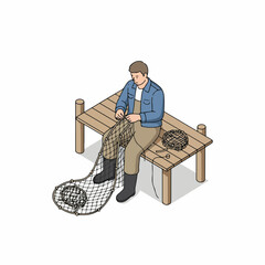 Isometric Detailed Fisherman Mending Net on Wooden Pier Illustration