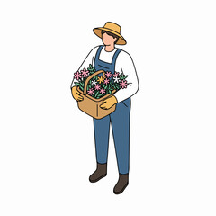 Isometric Gardener With Basket Of Flowers Person Agricultural Occupation Character