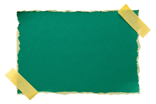 Teal torn paper with rough edges held by yellow tape at two corners on white, isolated on a transparent background
