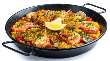 Close-up Spanish seafood paella isolated on white background, saffron rice, shrimp, mussels, lemon wedges, green peas, cast iron pan, vibrant colors, traditional Valencian cuisine, commercial use.