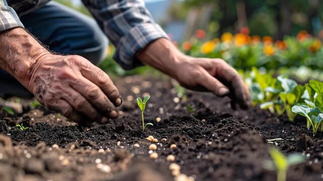 Gardener carefully planting young seedlings in fertile soil, symbolizing growth and agricultural cultivation