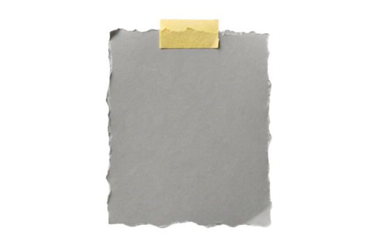 Gray torn paper with ragged edges held by single yellow tape piece at top, isolated on a transparent background