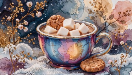 A cozy cup of hot chocolate with marshmallows and cookies in a winter snow scene. Artistic still life with an abstract watercolor background and golden floral branches