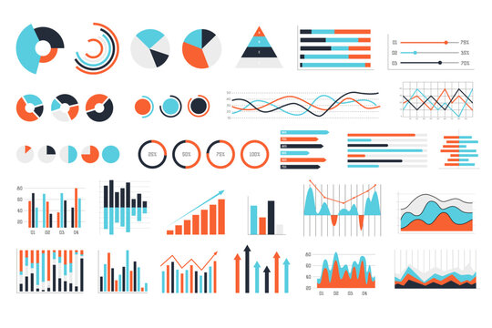 Various colorful infographic elements including pie charts, bar graphs, and line charts in flat style on white background. Concept of data visualization. Vector illustration