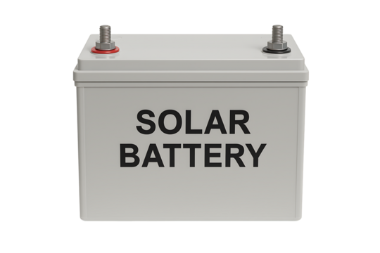 High-capacity solar battery for storing renewable energy, a 12v deep cycle power storage unit with terminals, isolated on a white background. 3D render