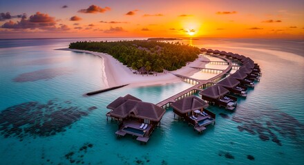 Maldives Paradise Aerial View of Overwater Bungalows at Sunset