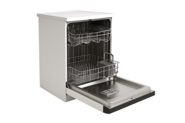 Modern white freestanding dishwasher with an open door, revealing empty stainless steel racks and cutlery basket, isolated on a perfect white background for product mockups