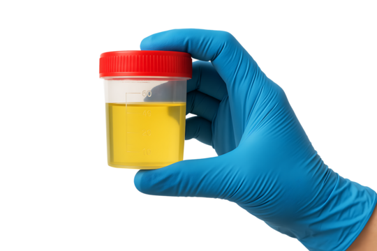 Medical professional in a blue nitrile glove holding a sterile specimen container with a urine sample for laboratory analysis and health screening, isolated