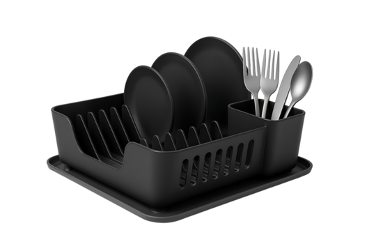 Modern black plastic dish drainer rack holding clean white plates, forks, and spoons after washing, isolated
