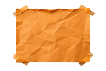 Orange crumpled paper sheet taped at corners creating wrinkled texture and shadows, isolated on a transparent background