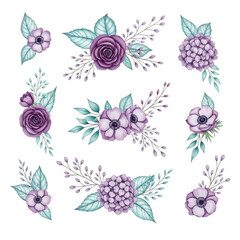 Fototapeta premium Beautiful purple and teal floral arrangements for elegant design projects isolated on transparent background