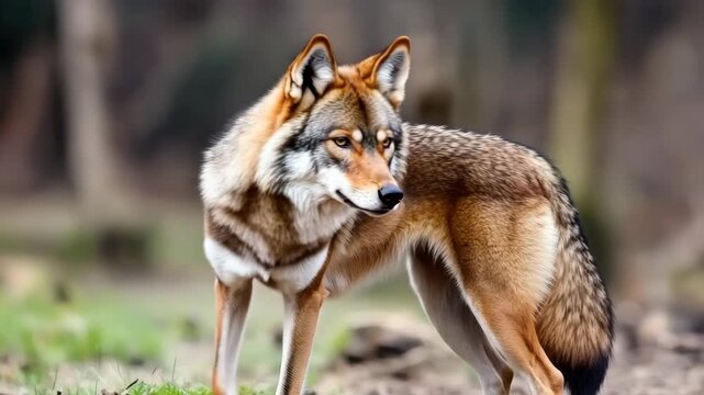 A wild wolf explores its forest surroundings, showcasing its elegant movements and keen awareness of the environment