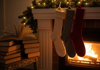 Cozy fireplace scene with hanging stockings and a stack of books during winter evenings