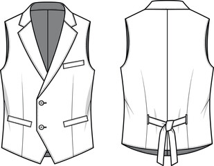 Men's tailored vest, front and back view, formal wear, technical fashion sketch, notched lapel, adjustable belt, garment design, illustration