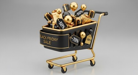 Shopping cart full of golden gifts and discount tags for black friday sale