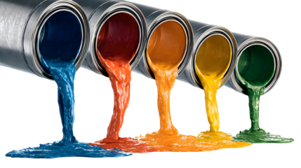 Colorful paint flow from five cans in primary and secondary spectrum
