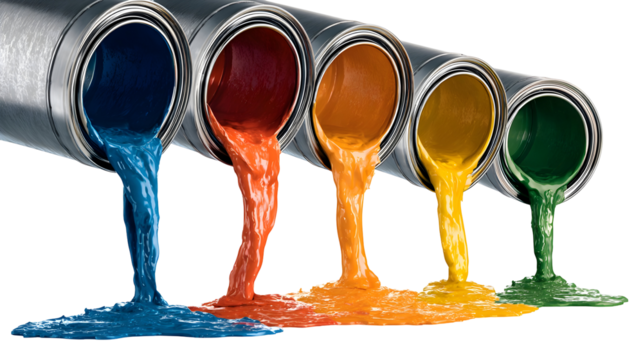 Colorful paint flow from five cans in primary and secondary spectrum