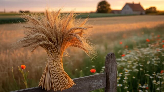 A bundle of wheat tied with twine sits on a fence, field and farm house in background