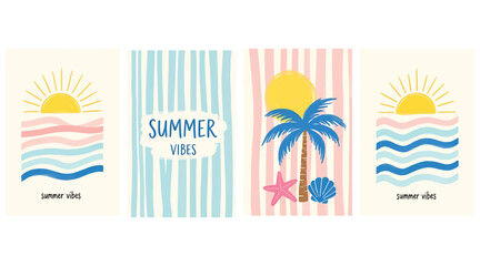 Summer vibe collection a set of four vibrant summerthemed illustrations featuring sun, sea, palm tree, and starfish, perfect for adding a touch of beachy charm to any project