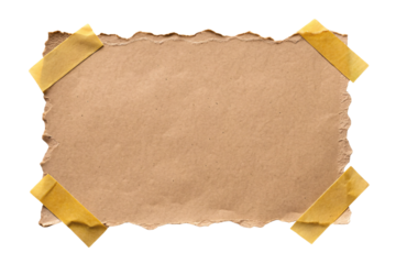 Brown kraft paper with rough torn edges attached by yellow tape pieces at corners, isolated on a transparent background