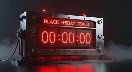 Black friday deals countdown timer with zero time left on dark smoky background