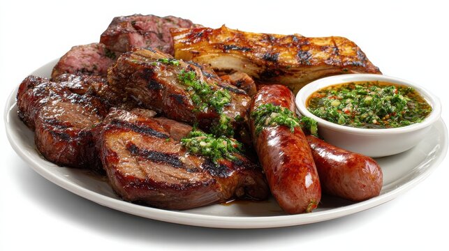 Argentinian asado isolated on white background, grilled beef ribs, chorizo sausages, chimichurri sauce, wood-fire marks, traditional parrilla barbecue, menu commercial use
